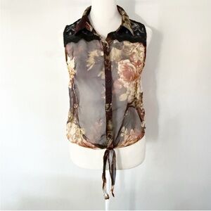 Vintage Y2K Sheer Floral Sleeveless Button Up Top Womens Small Whimsigoth Fairy